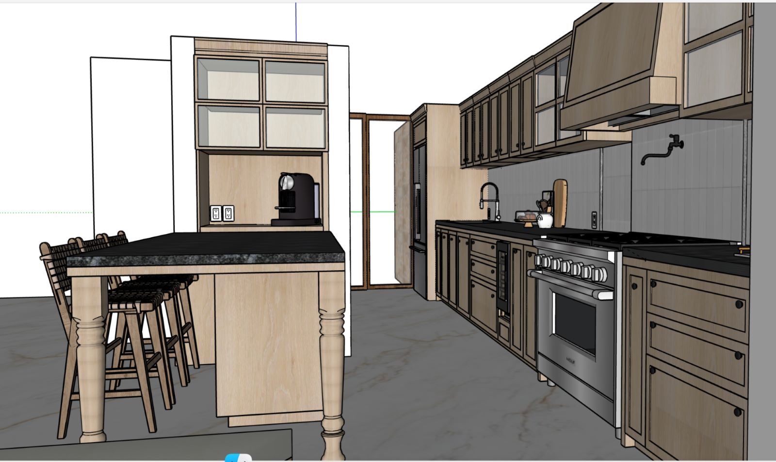 Modelo feito no SketchUp e fotografia de uma cozinha. Imagens de cortesia do Studio Maison & Co.