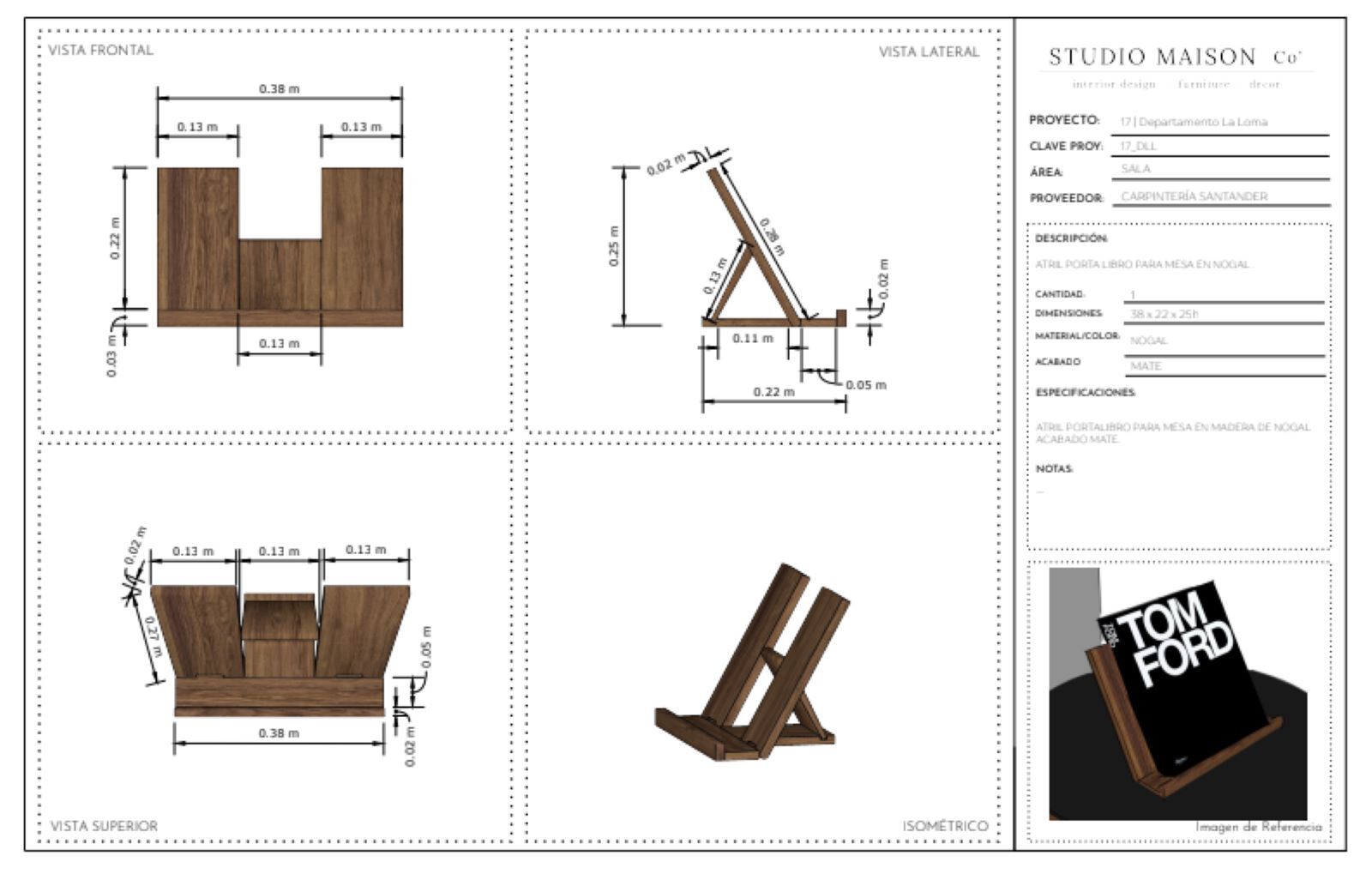 Documentação do LayOut e foto de um suporte de livro decorativo. Imagens de cortesia do Studio Maison Co.